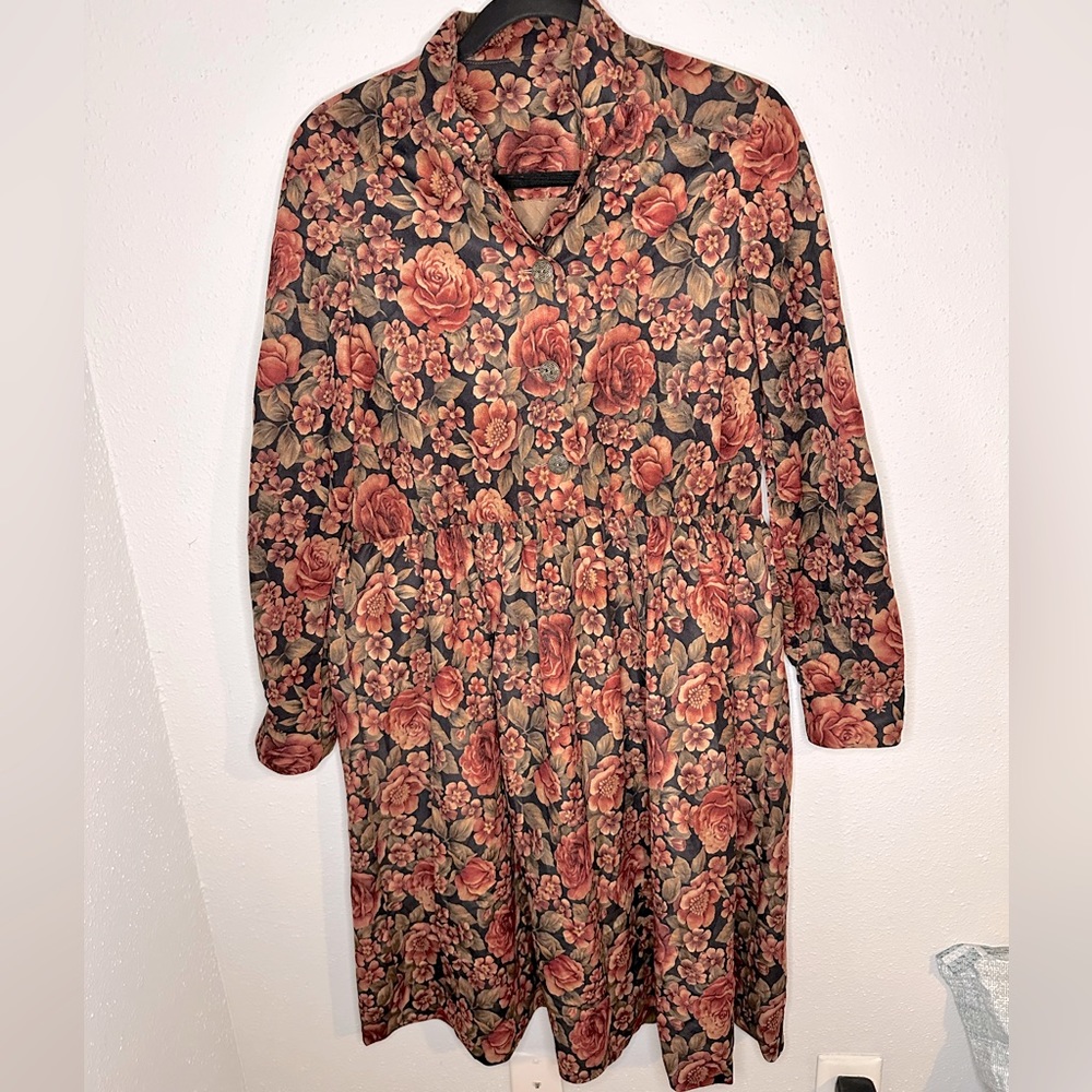 Long sleeve dress - velvet rose printed - brown - size L